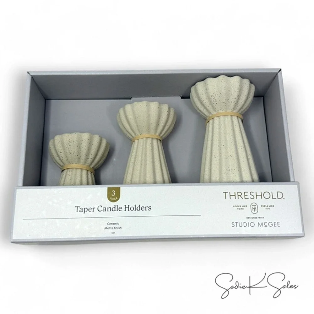 Set of 3 Ceramic Ribbed Taper Candle Holders Beige - Threshold Studio McGee